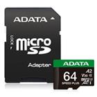 ADATA MicroSDXC karta 64GB Speed Plus, U3, C10, A2, V30 (R:160 W:140 MB s) + SD adaptér