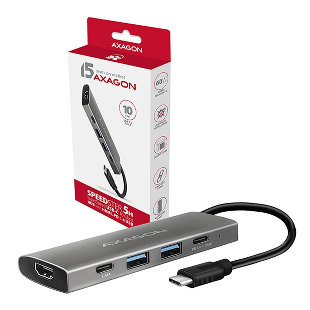 Axagon HMC-5G2, USB 3.2 Gen 2 10 Gb/s hub, porty 2x USB-A, 2x USB-C, HDMI, PD 60W, kabel USB-C 13cm