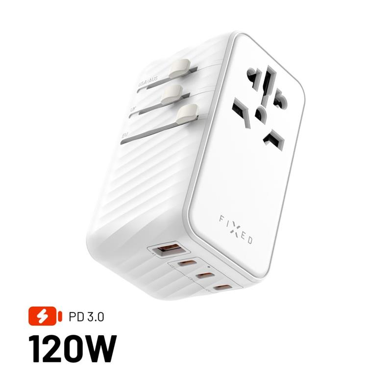 Fixed Cestovní adaptér Voyager 120W pro EU, UK a USA AUS, s 3xUSB-C a 1xUSB výstupem, GaN, PD 120W, bílý