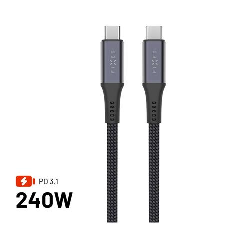 Fixed Dlouhý nabíjecí a datový opletený kabel s konektory USB-C USB-C, PD 3.1, 2 m, USB4gen2 20Gbps, 4K60Hz, 240W, šedý