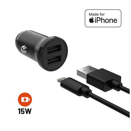 Fixed Set autonabíječky s 2xUSB výstupem a USB Lightning kabelu, 1 metr, MFi certifikace, 15W Smart Rapid Charge, černá