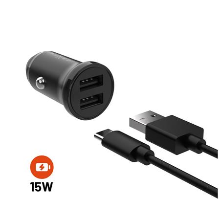 Fixed Set autonabíječky s 2xUSB výstupem a USB USB-C kabelu, 1 metr, 15W Smart Rapid Charge, černá