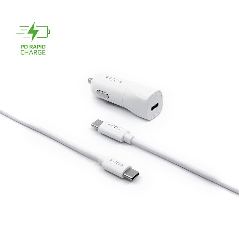 Fixed Set autonabíječky s USB-C výstupem a USB-C USB-C kabelu, podpora PD, 1 metr, 18W, bílý