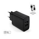 Fixed Set síťové nabíječky s 2xUSB výstupem a USB/USB-C kabelu, 1 metr, 15W Smart Rapid Charge, černá