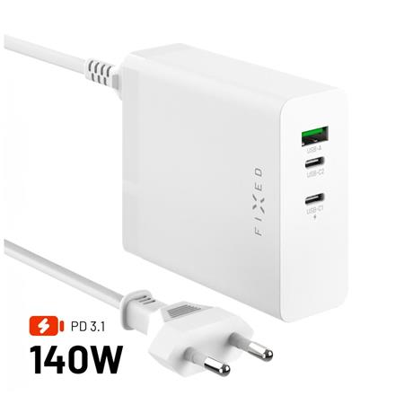 Fixed Síťová GaN nabíječka Charging Station s 2xUSB-C a USB výstupem, podpora PD 3.1, 140W, bílá