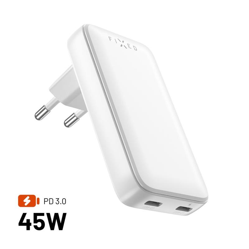 Fixed Síťová GaN nabíječka Slim s 2x USB-C výstupem a podporou PD, 45W, bílá