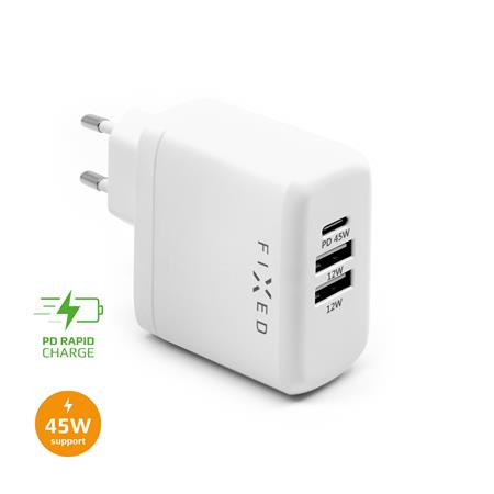 Fixed Síťová nabíječka s USB-C a 2xUSB výstupem, podpora PD, 45W, bílá