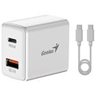 Genius rychlonabíjecí set PD-20ACP, 20W, rychlé nabíjení, USB-C PD3.0, USB-A QC3.0, 1m kabel USB-C USB-C, bílá