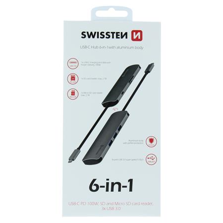 Swissten usb-c hub 6-in-1 (usb-c pd, 3x usb 3.0, sd, micro sd) aluminium; 44040102