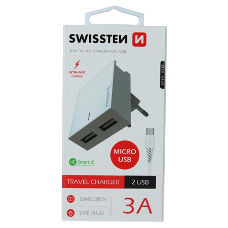 Swissten síťový adaptér smart IC 2X USB 3A power + datový kabel USB / Micro USB 1,2 M, bílý; 22041000