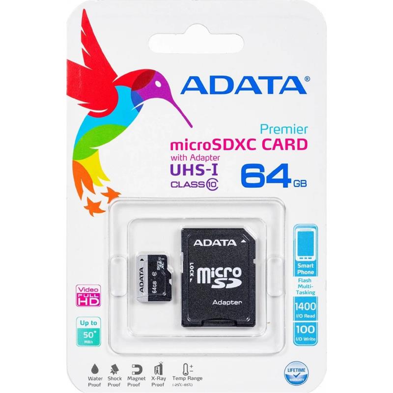 ADATA Micro SDXC Premier 64GB UHS-I + SD adaptér; AUSDX64GUICL10-RA1