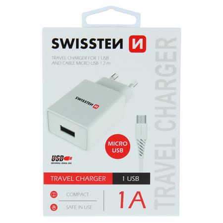 Swissten síťový adaptér smart IC 1X USB 1A power + datový kabel USB / Micro USB 1,2 M, bílý; 22061000