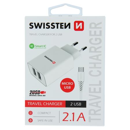 Swissten síťový adaptér smart IC 2X USB 2,1A power + datový kabel USB / Micro USB 1,2 M, bílý; 22051000