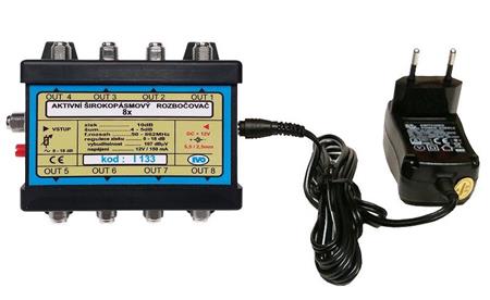 IVO I133 aktivní rozbočovač 8x výstup"F" 10dB zisk + zdroj 12V; IVO-I133