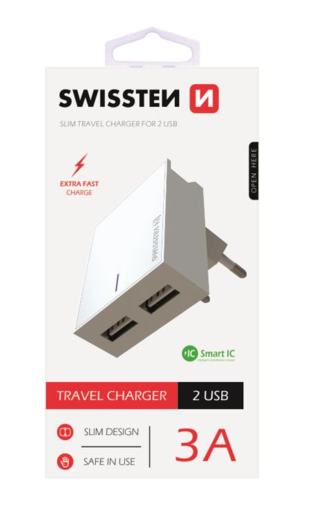 Swissten síťový adaptér smart IC 2X USB 3A power, bílý; 22032000