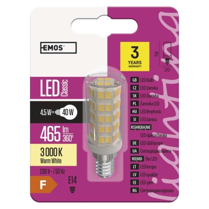 EMOS LED žárovka Classic JC A++  4,5W E14 teplá bílá; ZQ9140