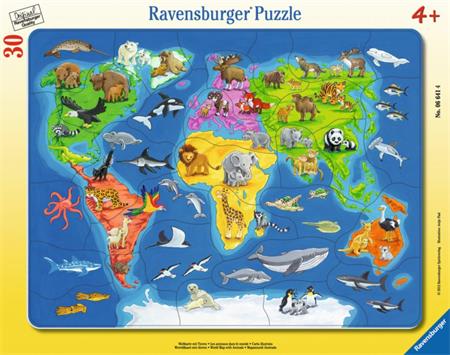 RAVENSBURGER Puzzle Mapa světa se zvířaty 30 dílků; 4762