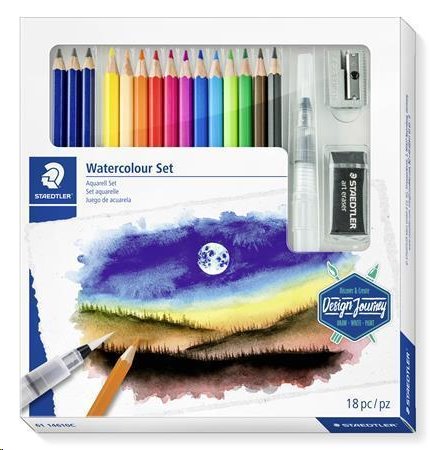 Staedtler Akvarelové pastelky "Design Journey", sada 12ks, se štětcem, pryží, ořezávátkem, graf. tužkami; TS6114610C