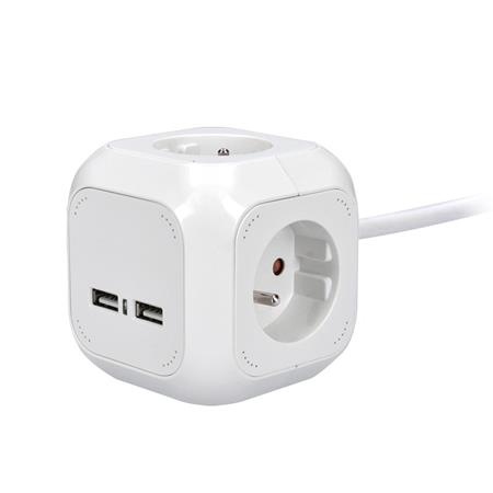 Solight 4z + USB prodlužovací přívod - kostka, 2m, 3 x 1mm2, bílý; PP145USB