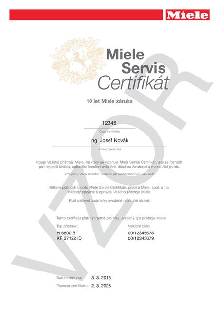 MIELE Certifikát 10 let jistota