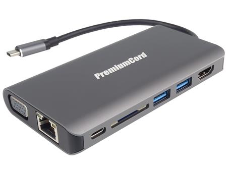 PremiumCord Převodník USB3.1 typ C na HDMI+VGA+RJ45+2xUSB3.0+SD card +3,5mm+PD charge