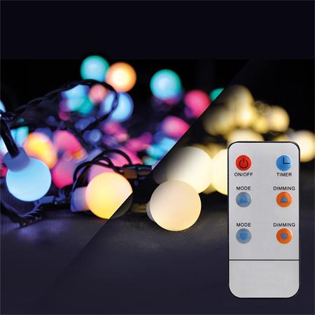 Solight 1V09-RGB LED 2v1 venkovní vánoční řetěz, koule, dálkový ovladač, 200LED, RGB+bílá, 20m+5m, 8 funkcí, IP44