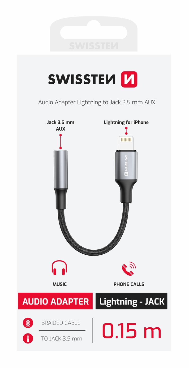 Swissten audio adaptér textile Lightning (samec) 3,5mm aux 0,15m černý