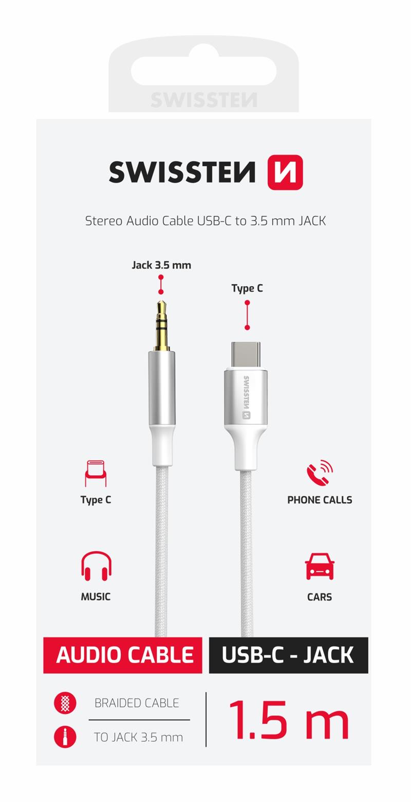 Swissten audio adaptér textile USB-C (samec) 3,5 mm jack (samec) 1,5m bílý