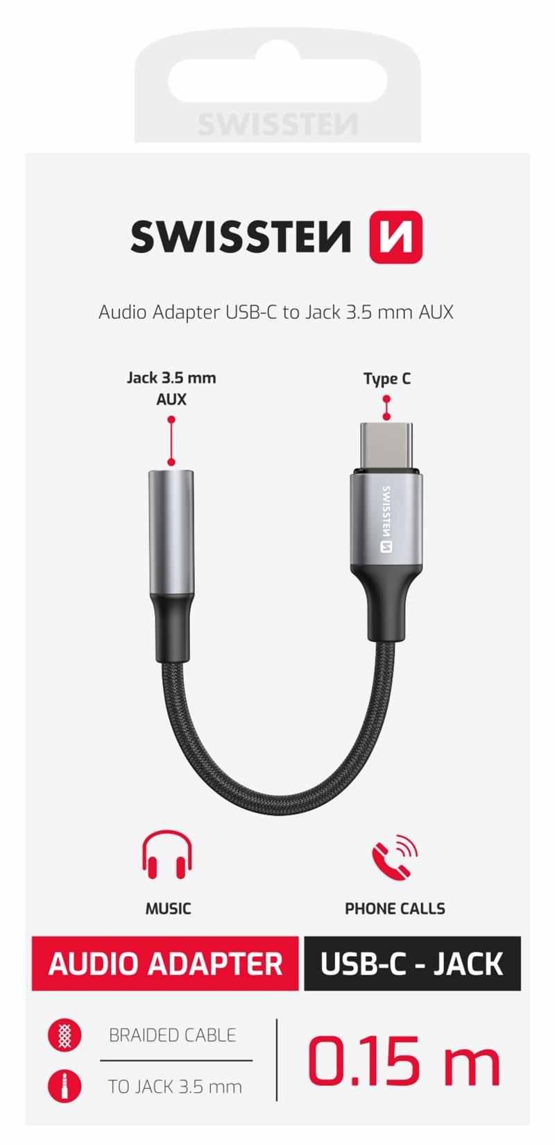 Swissten audio adaptér textile USB-C (samec) 3,5mm aux 0,15m černý