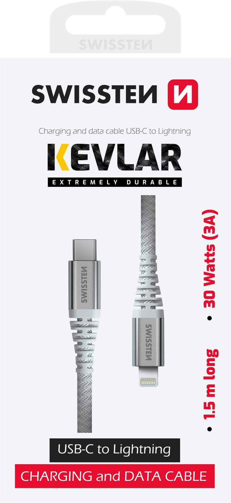 Swissten datový kabel kevlar USB-C / lightning 1,5 m bílý