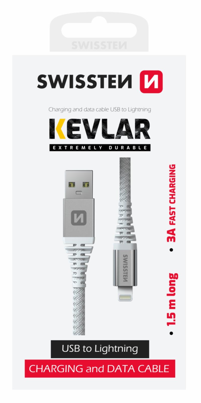 Swissten datový kabel kevlar USB / lightning 1,5 m bílý