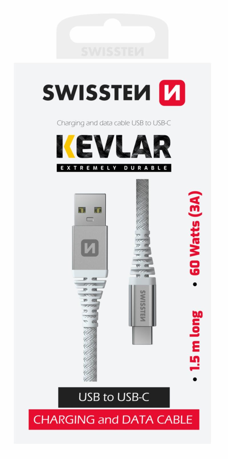 Swissten datový kabel kevlar USB / USB-C 1,5 m bílý