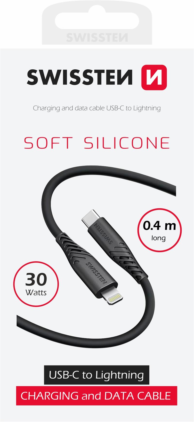 Swissten datový kabel soft silicone USB-C / lightning 0,4 m černý