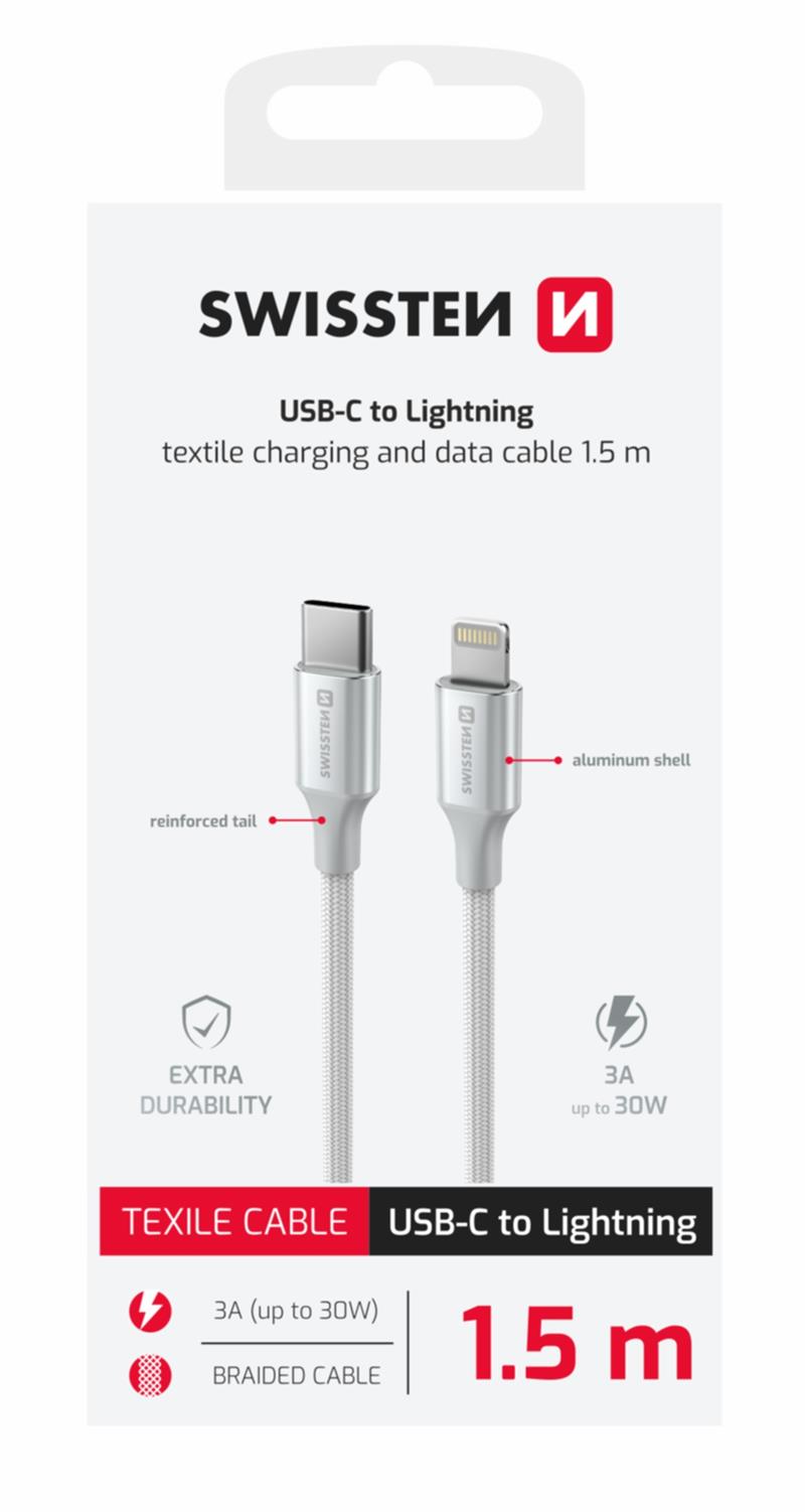 Swissten Datový kabel textile II USB-C Lightning 1,5 m bílý