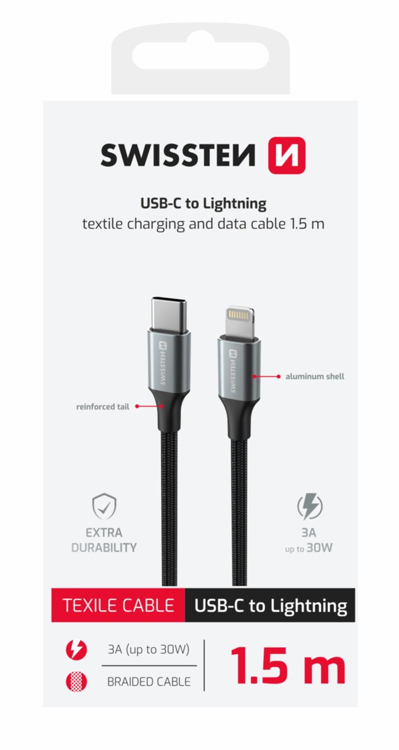 Swissten Datový kabel textile II USB-C Lightning 1,5 m černý