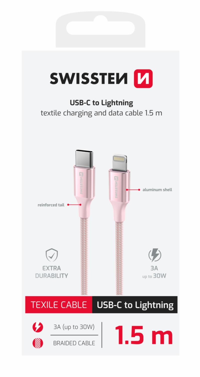 Swissten Datový kabel textile II USB-C Lightning 1,5 m růžový