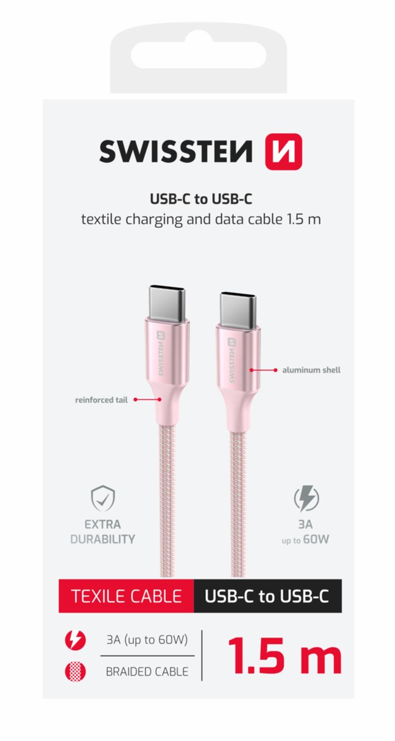 Swissten Datový kabel textile II USB-C USB-C 1,5 m růžový