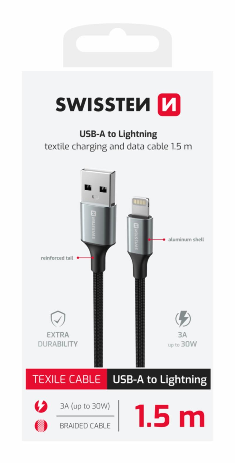 Swissten Datový kabel textile II USB Lightning 1,5 m černý