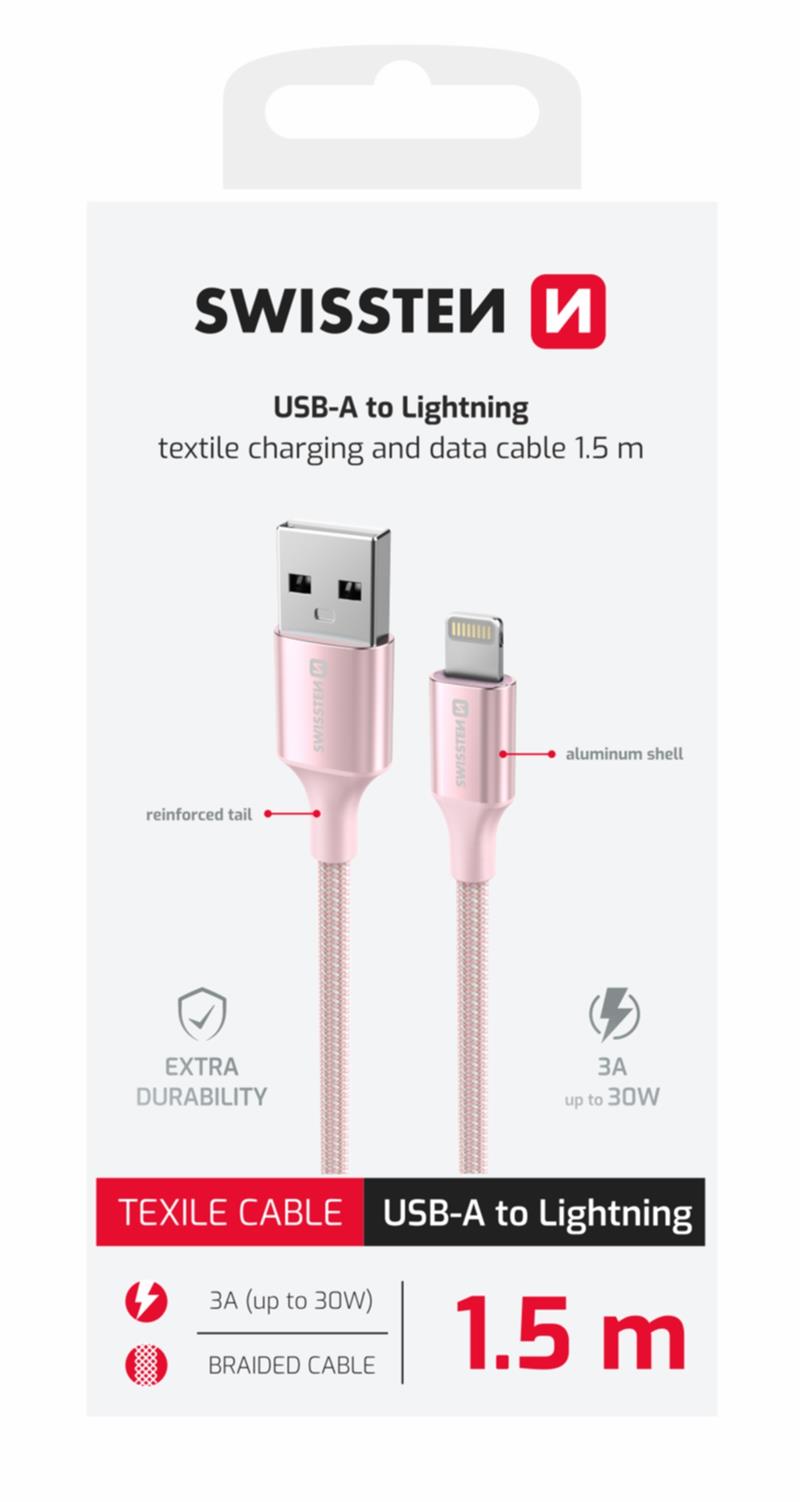 Swissten Datový kabel textile II USB Lightning 1,5 m růžový