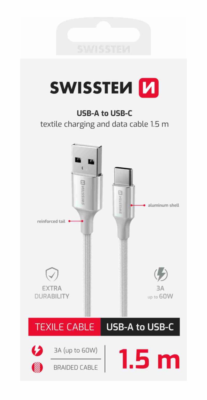 Swissten Datový kabel textile II USB USB-C 1,5 m bílý