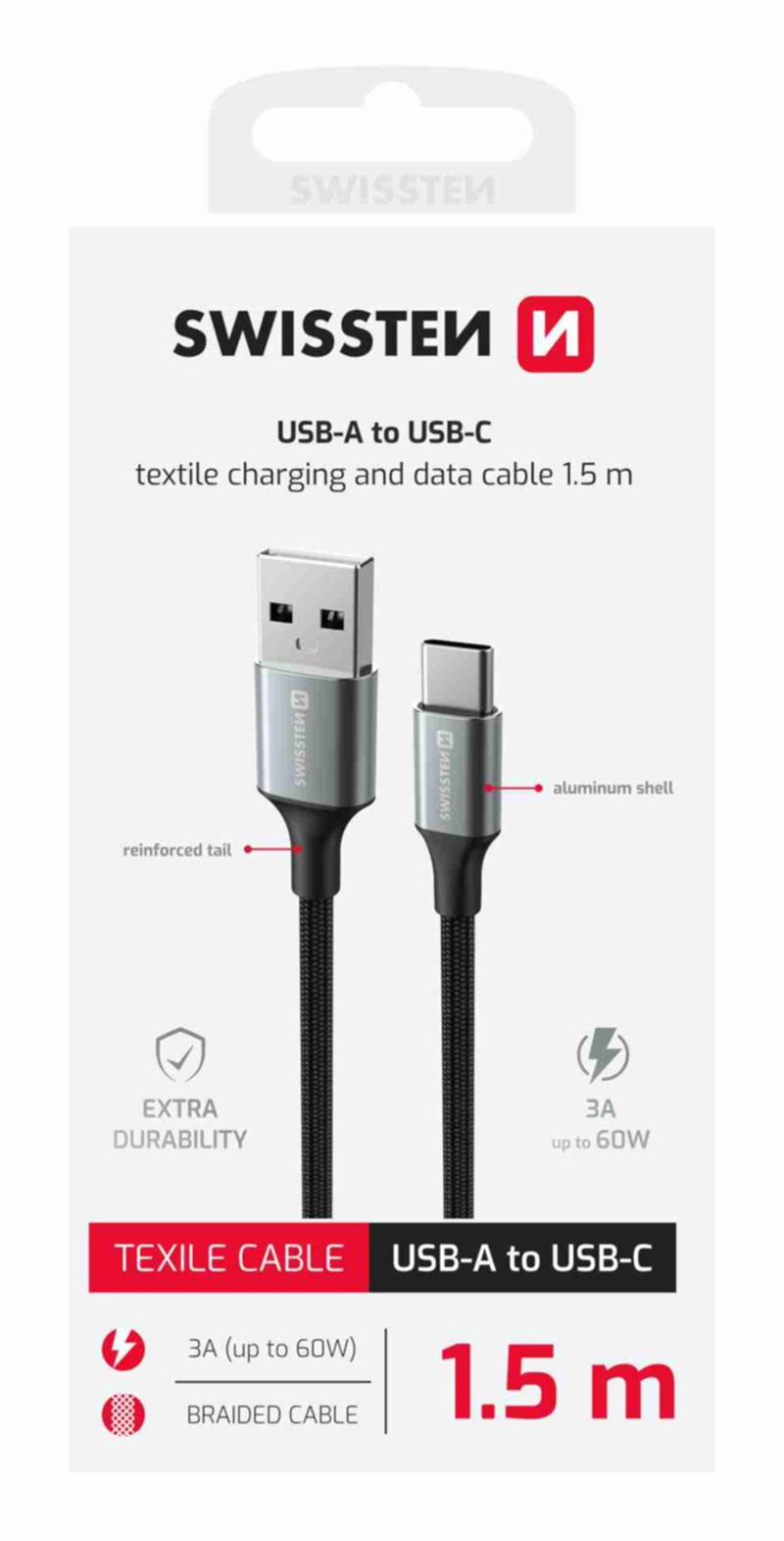 Swissten Datový kabel textile II USB USB-C 1,5 m černý