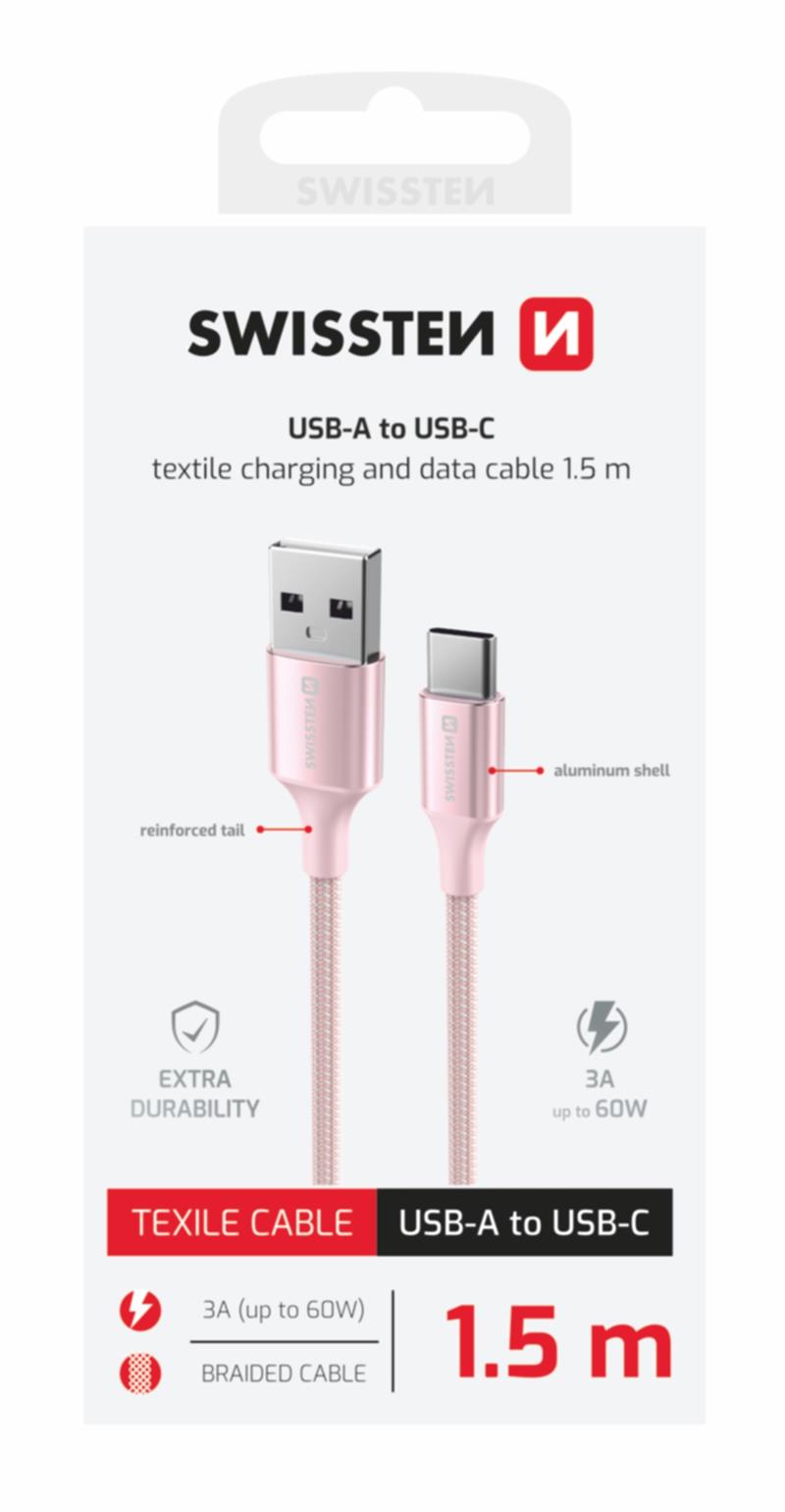 Swissten Datový kabel textile II USB USB-C 1,5 m růžový