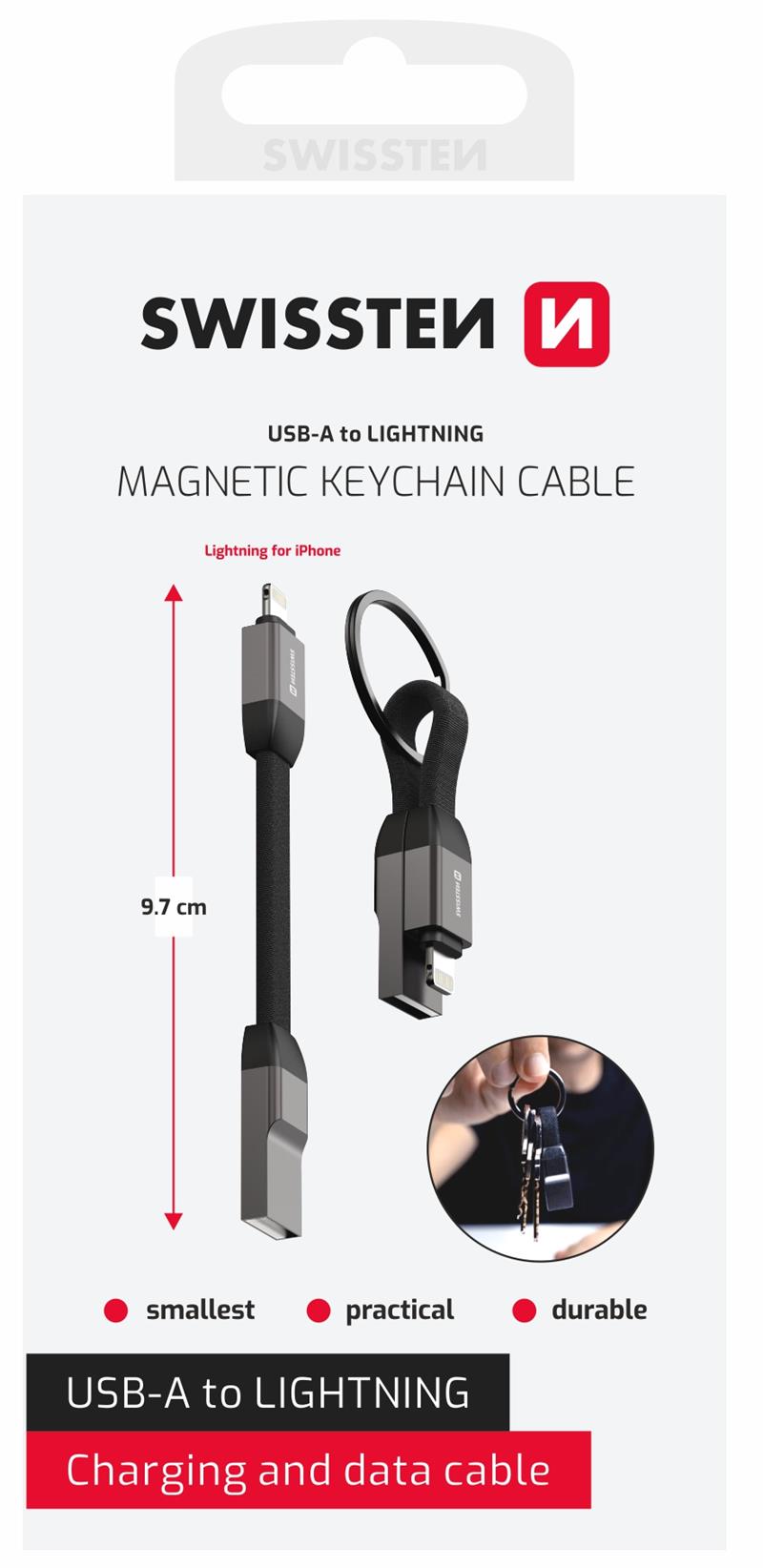 Swissten Magnetický Keychain kabel USB-A Lightning 9,7 cm