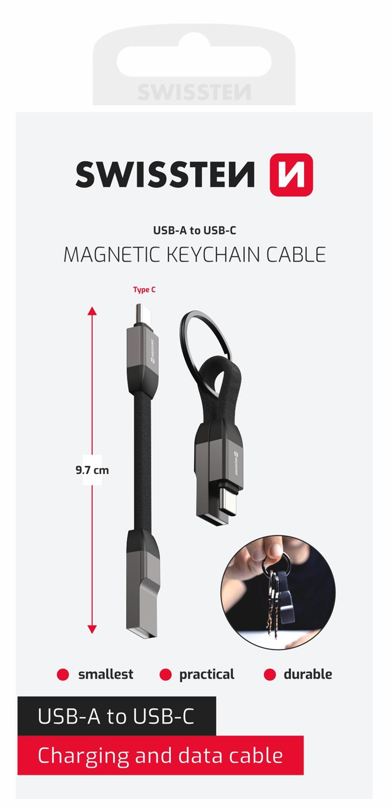 Swissten Magnetický Keychain kabel USB-A USB-C 9,7 cm