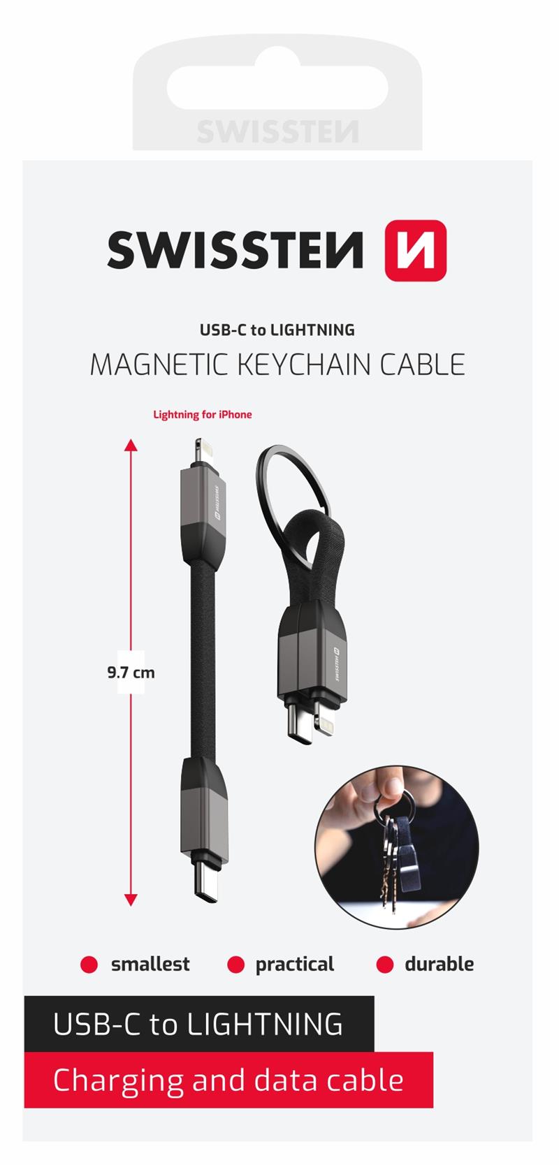 Swissten Magnetický Keychain kabel USB-C Lightning 9,7 cm