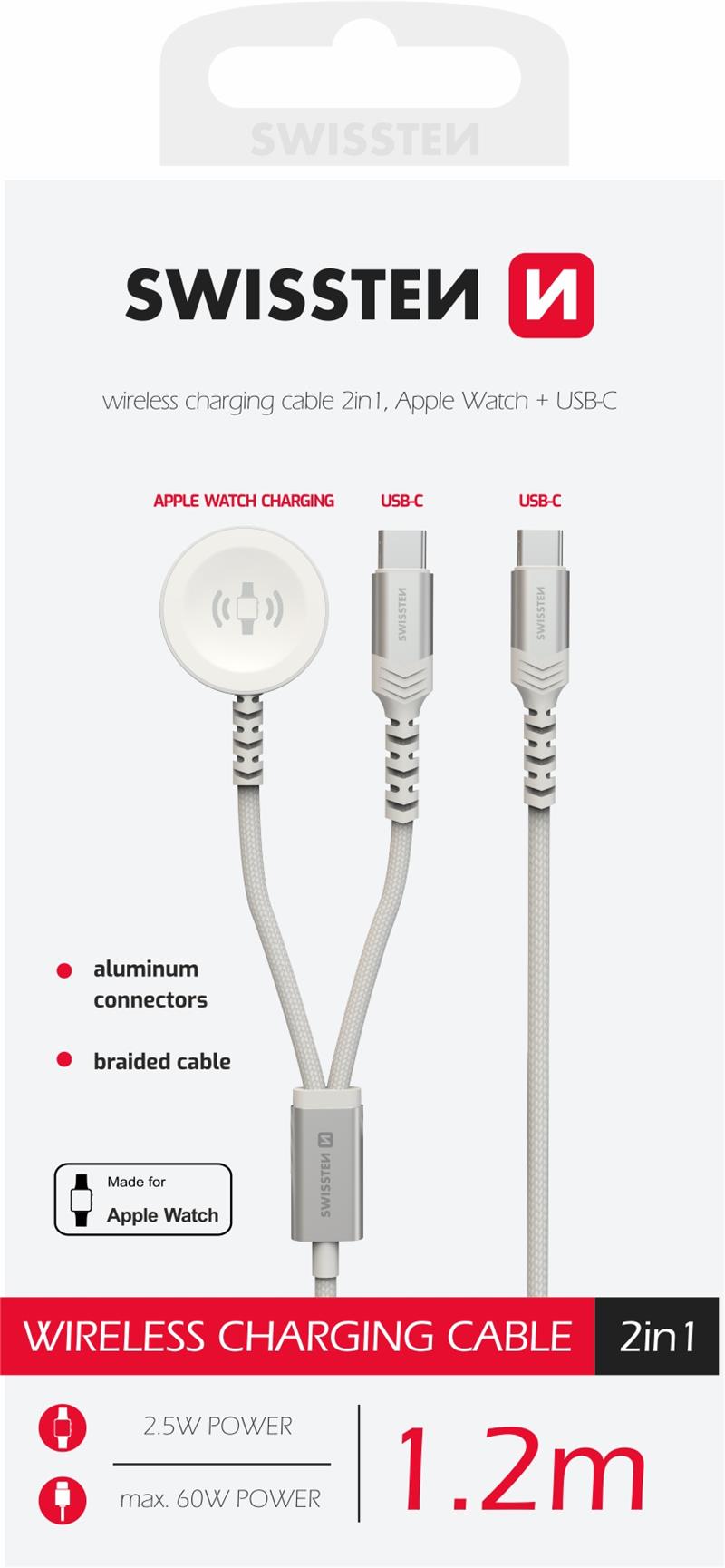 Swissten opletený magnetický kabel 2v1 pro Apple Watch A USB-C, USB-C 1.2 M bílý