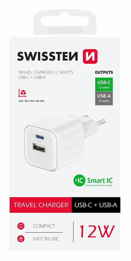 Swissten síťový adaptér 12W 1x USB-C + 1x USB-A bílý