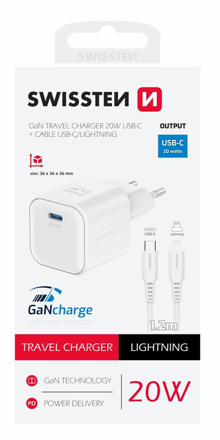 Swissten síťový adaptér Gan 1x USB-C 20W power delivery bílý + datový kabel USB-C lightning 1,2 m bílý