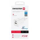 Swissten síťový adaptér Gan 1x USB-C 45W pd + 1x USB-A 18W QC bílý