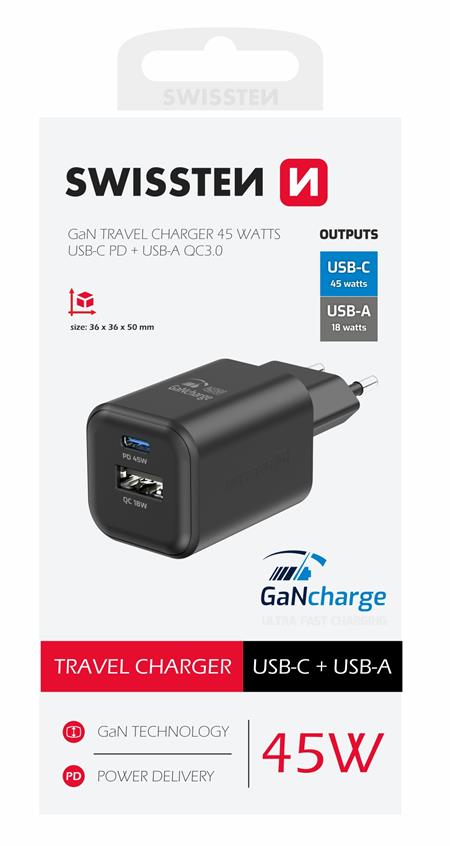 Swissten síťový adaptér Gan 1x USB-C 45W PD + 1x USB-A 18W QC černý